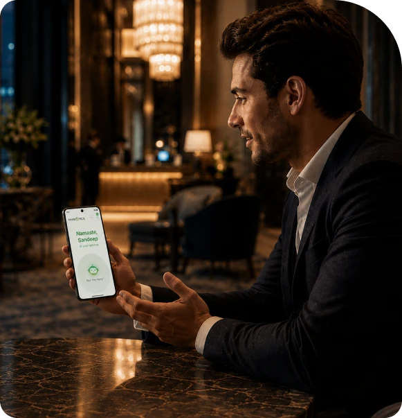 A guest speaking to a Pariotics voice concierge device in a hotel lobby