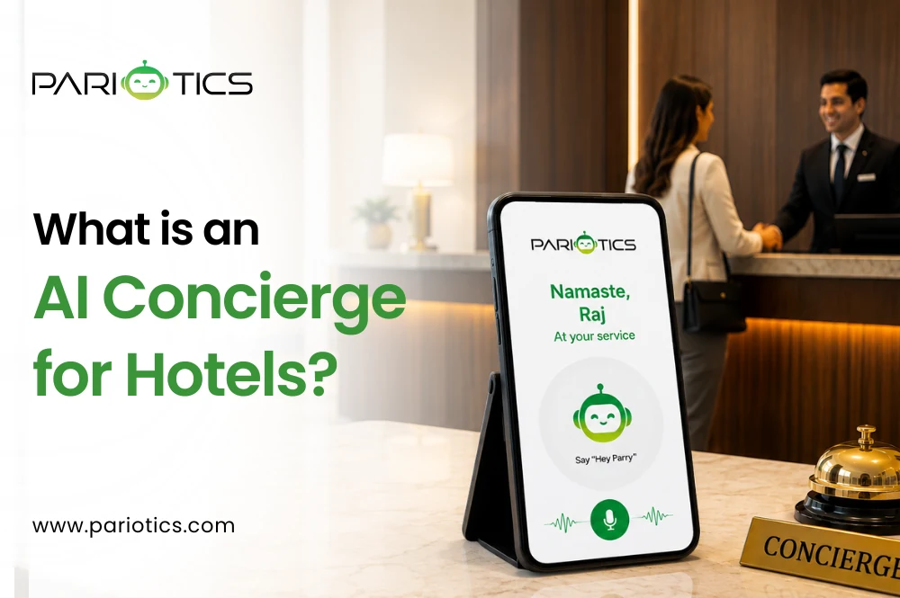 AI front desk assistant for hotels — What is an AI Concierge for Hotels, a plain-English guide for owners and GMs, with the Pariotics device and robot mark at a hotel front desk