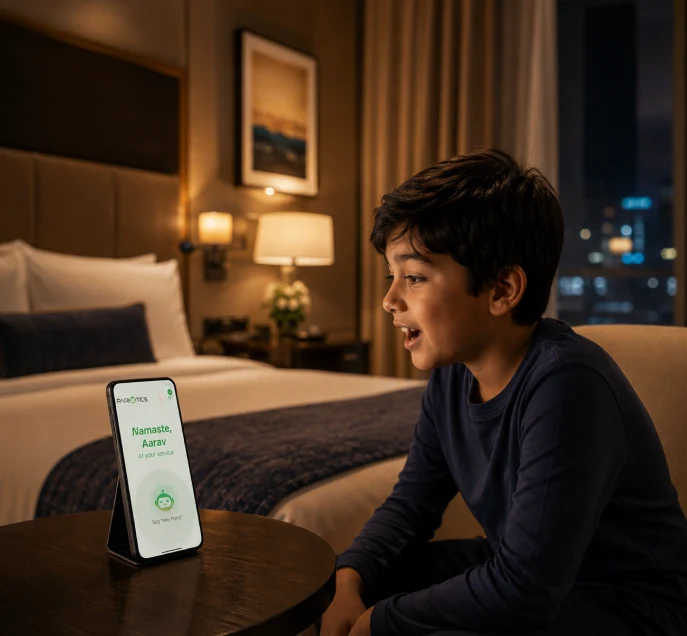 AI concierge software for hotels — Pariotics in-room voice assistant device